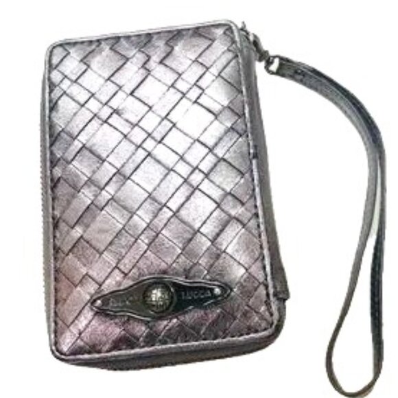 Elliott Lucca Womens Wristlet Wallet Silver Metallic Woven Leather Zip Around EC - Picture 1 of 9